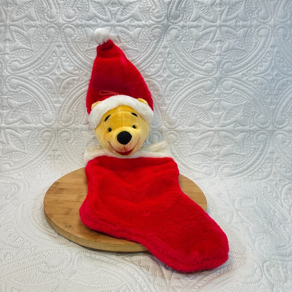 Vintage Disney Winnie the Pooh Plush Christmas Stocking 24" Red White Santa Hat